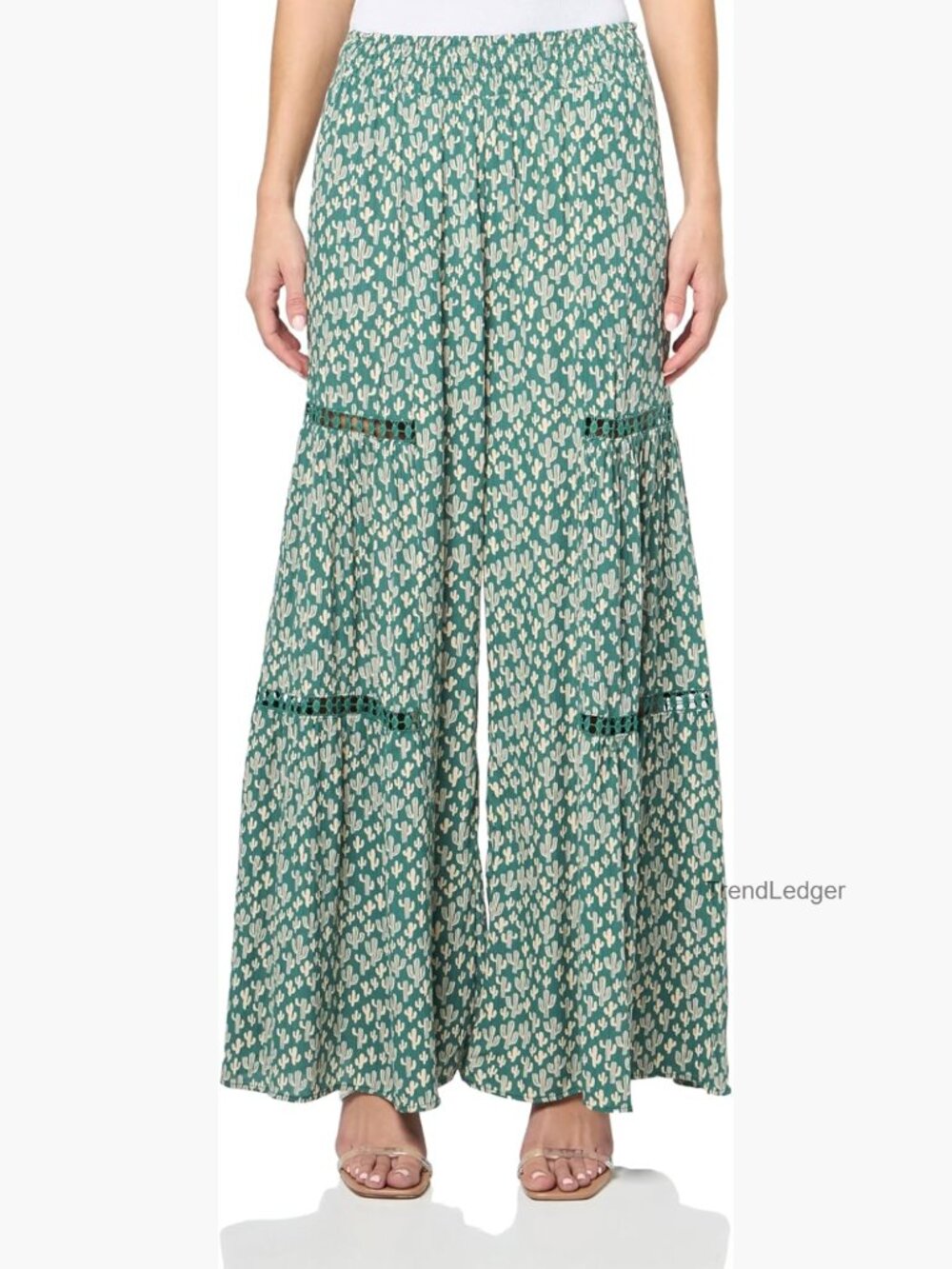Wide Leg Palazzo Pants with Lace Inserts High Rise Pull On